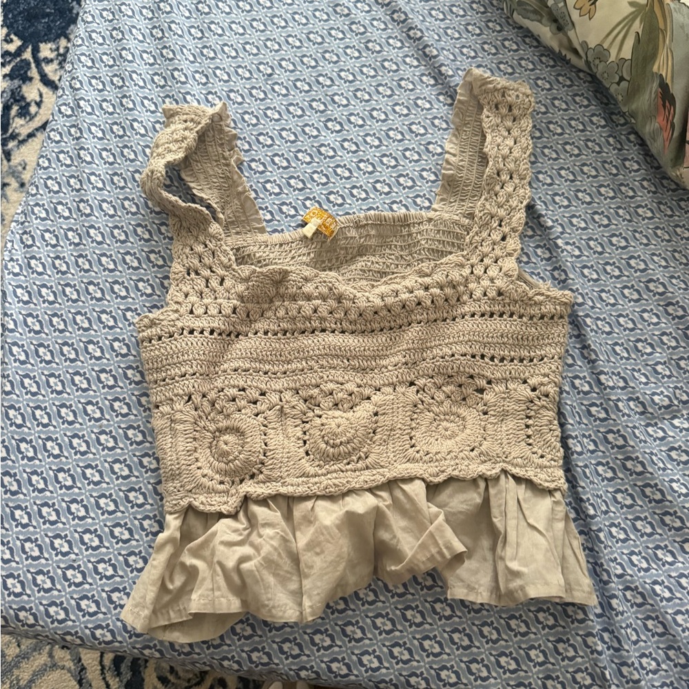 Rebellion Tan Crochet Ruffle Crop Top